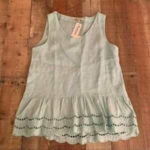 Valentina Naldi womens size medium linen blue tank top with eyelet lace ruffle